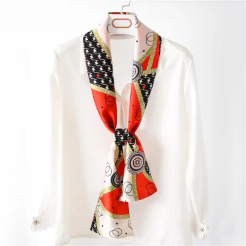Hijab Real Long Silk Women Print Elegant Neck Scarves Hair Head Ribbon Tie Bag Handle Decoration Foulard Collar Kerchief