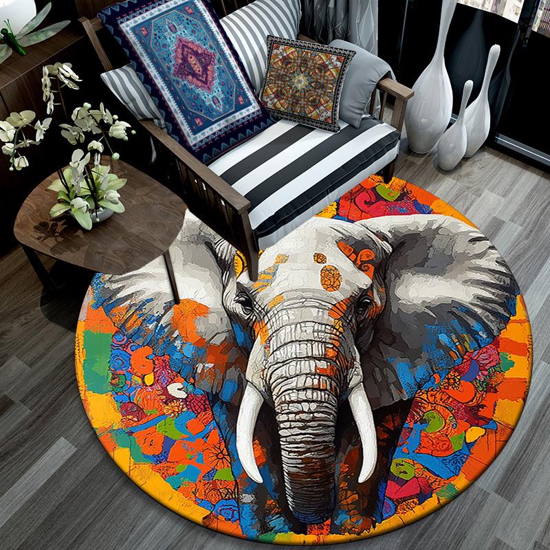 Elephant Mandala Round Area Rug,Carpet Rug for Living Room Bedroom Sofa Playroom Decor,Non-slip Floor Mat