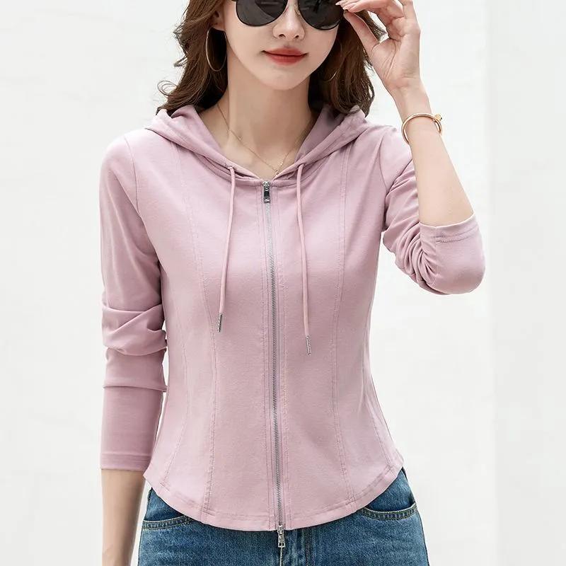 

Женская фиолетовая толстовка на молнии, облегающего кроя, с длинным рукавом, изогнутым подолом, повседневная куртка с капюшоном S розовый