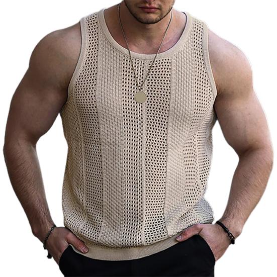 O-Neck Sleeveless Men Vest Solid Color Ribbed Trim Thin Summer Casual Hollow Out Loose Knitting Vest Sportwear