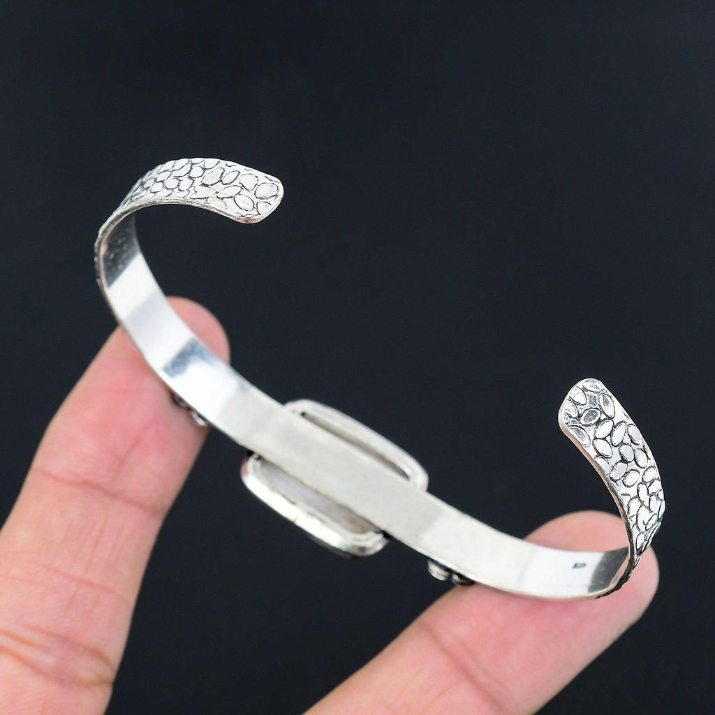 Natural Scolecite Gemstone Bangle Flower Adjustable 925 Silver For Women