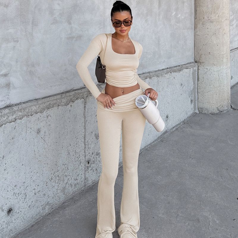 

Fashion Fashion Big U-Neck Design Crop Top T-shirt High Waist Bootcut Pants Two-piece Set Casual Easiest for Match Elegant Outfit Women Apricot color S