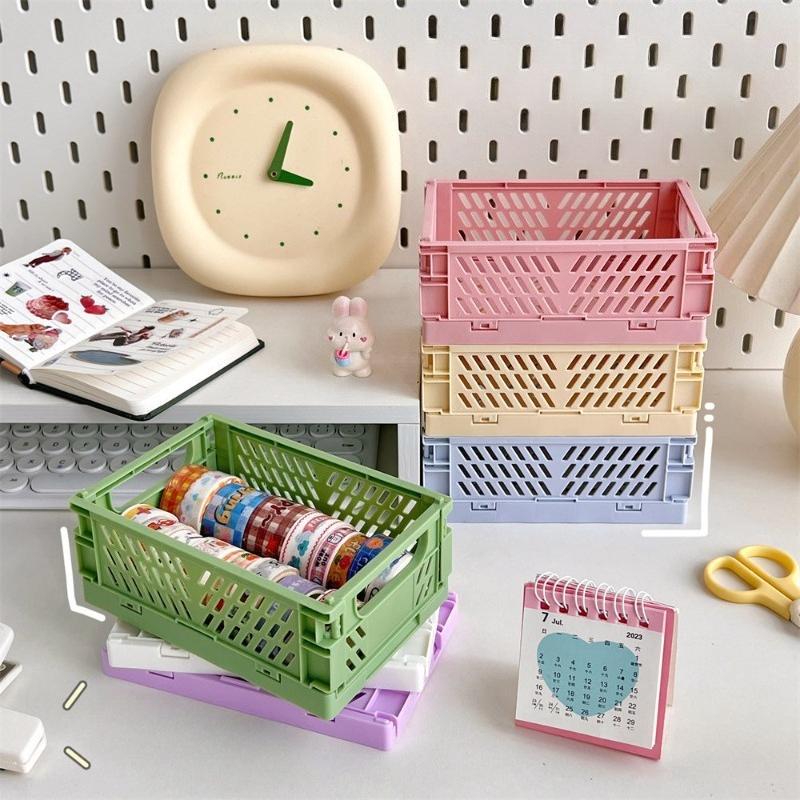 1Pc Mini Folding Plastic Storage Box Student Desktop Finishing Handbook Tape Stationery Folding Basket Storage Basket