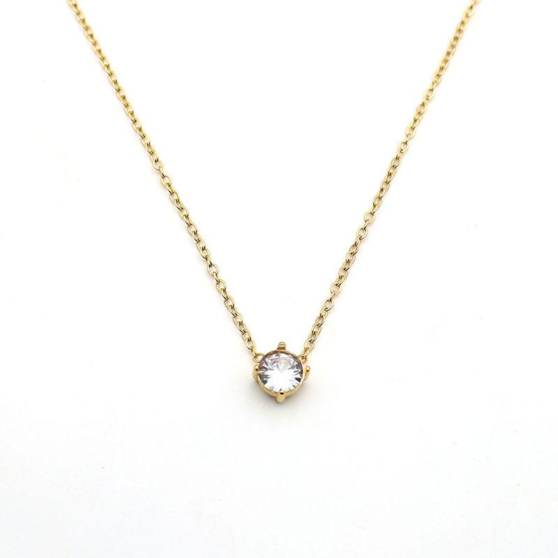 Stylish And Simple 18K Gold Collarbone Chain, Small And Exquisite Stainless Steel Four-Claw Round Zircon Necklace, Female Versatile