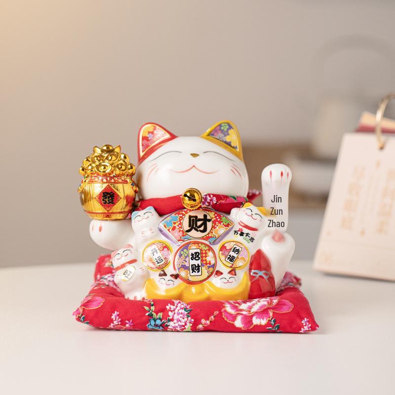 Electric Waving Lucky Cat Ceramic Ornament for Home, Living Room, Shop, or Cashier Desk.