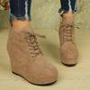 Modische Schnür-Keilstiefel für Damen Übergröße 35-42 Klobige Plateau-Stiefeletten Damen Herbst Winter Wildlederimitat Kurze Stiefeletten