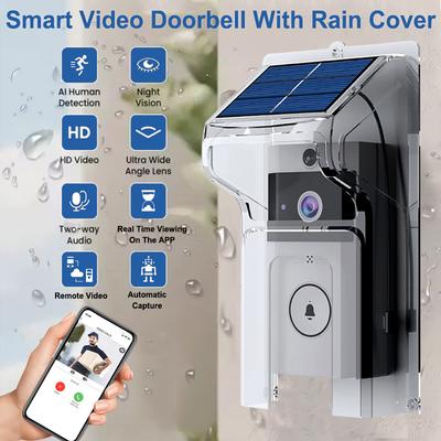 WiFi Video Doorbell with Solar Charging Rain Cover, Digital Peephole, Waterproof Night Vision Security Camera, Video Intercom Smart Doorbell