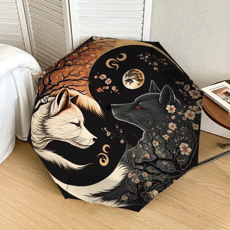 1pc Yin-Yang Wolves Blossoms Moon Umbrella with Plastic Handle,Suitable for All Seasons Home Travel Outdoor UmbrellaDD972