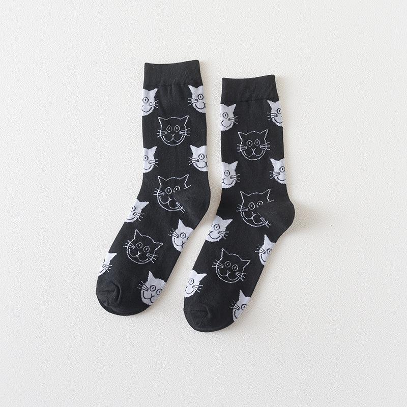 Socken in japanischem Stil mit Tiermuster, mittellang: Kuh, Zebra, Katzen-Design, Unisex, Schwarz & Weiß