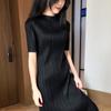 Dress 2022 New Pleated Dress Short-sleeved Stand-up Collar Long Skirt Dark Blue Pp Series Show High And Thin Female Skirt Summer