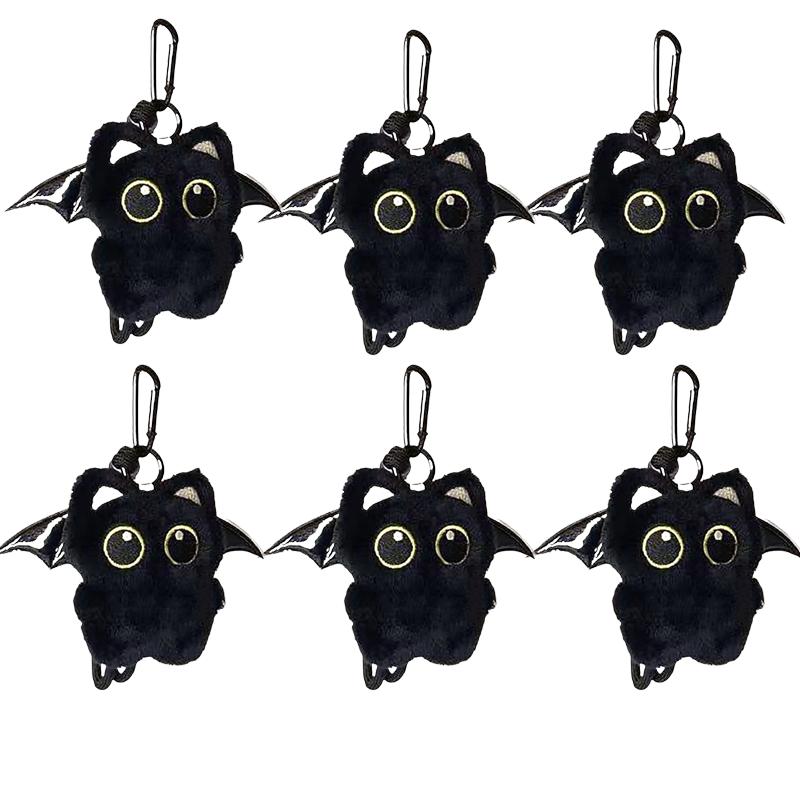 Cute Ghost Wing Black Cat Plush Keychain Kawaii Plushie Animal Stuffed Pendant Big-eyed Punk Bag Accessories Backpack Ornament