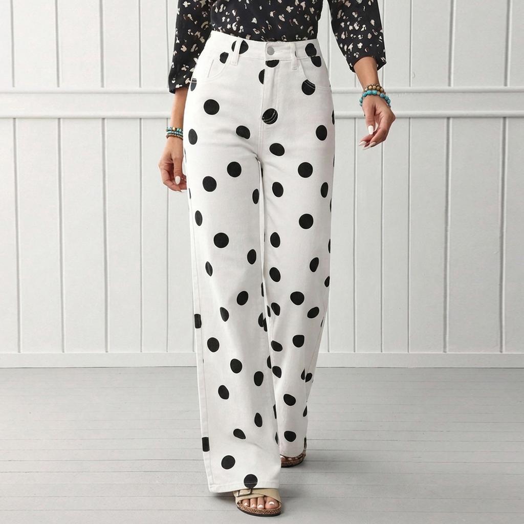 Damen Weite Hosen Hohe Taille Lässig Gepunkteter Druck Lockerer Schnitt Hosen Leichter Bequemer Stoff Geeignet für den Täglichen Gebrauch