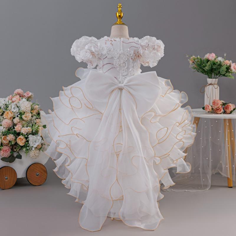 Rochie elegantă pentru copii cu mâneci bufante, broderii, o trenă și o fustă de prințesă pe straturi – perfectă pentru petreceri de ziua de naștere și ca rochie de domnișoară de onoare