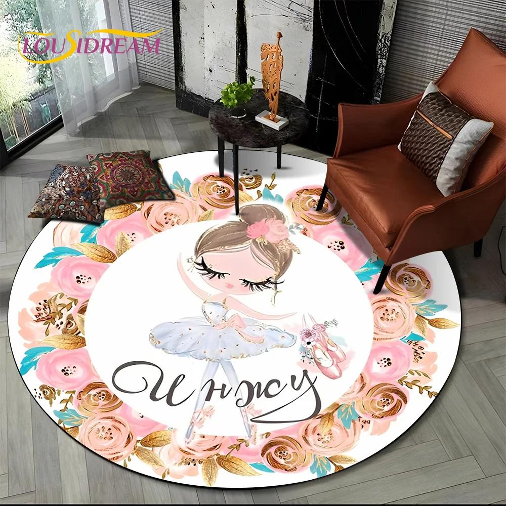 Ballet Girl Cartoon Flower Fairy Ballerina Round Carpet Rug for Living Room Bedroom Child Decor,Pet Area Rug Non-slip Floor Mat