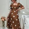 Women's Polka Dot Midi Dress Square Neck Puff Sleeve Fit and Flare Party Dress