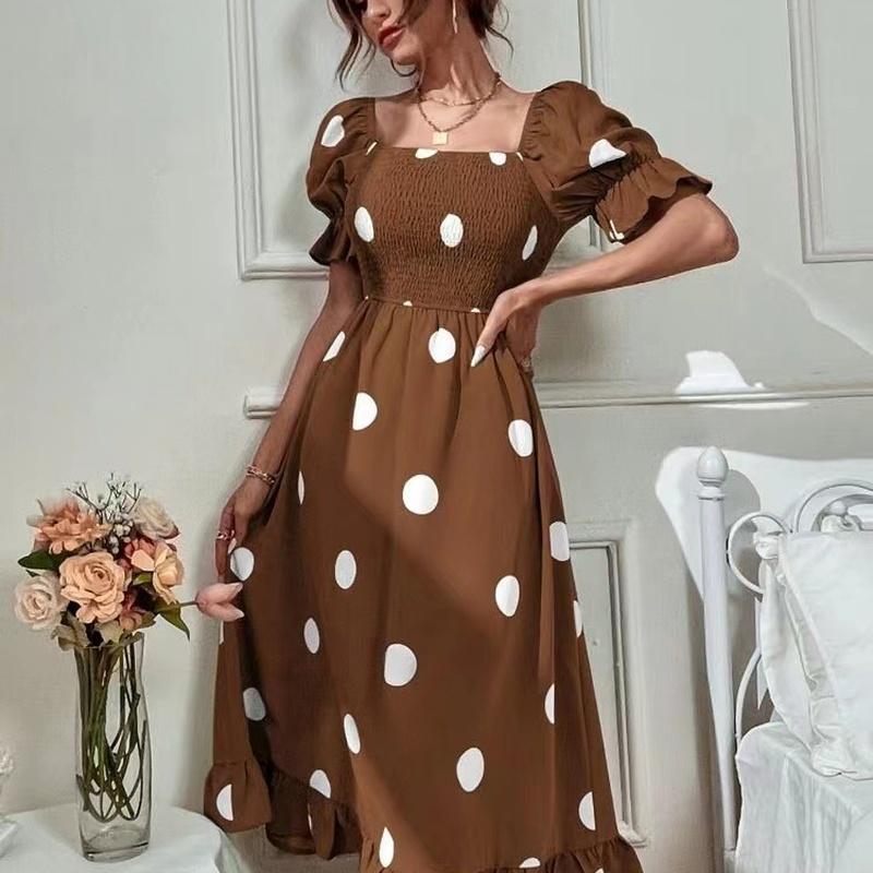 Women's Polka Dot Midi Dress Square Neck Puff Sleeve Fit and Flare Party Dress