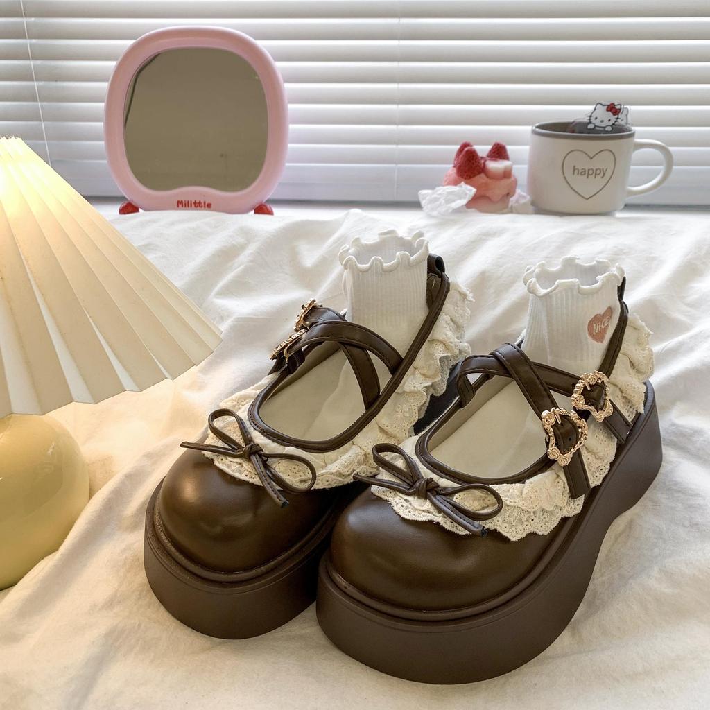 Plateau Mary Jane Schuhe für Damen 45cm Absatz Runde Zehenpartie Lolita Gothic Japanischer Koreanischer Stil PU-Leder Schwarz Braun