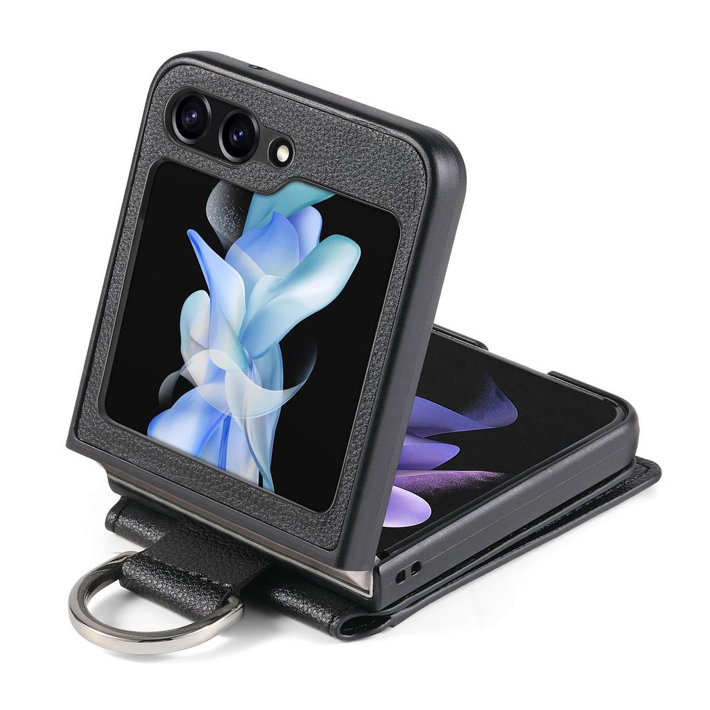 For Samsung Galaxy Z Flip6 5G Phone Case Card Slot Kickstand PU+PC Cover with Finger Ring