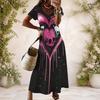 Women Plus Size Black White V Neck Short Sleeve Butterfly Printed Long Dress