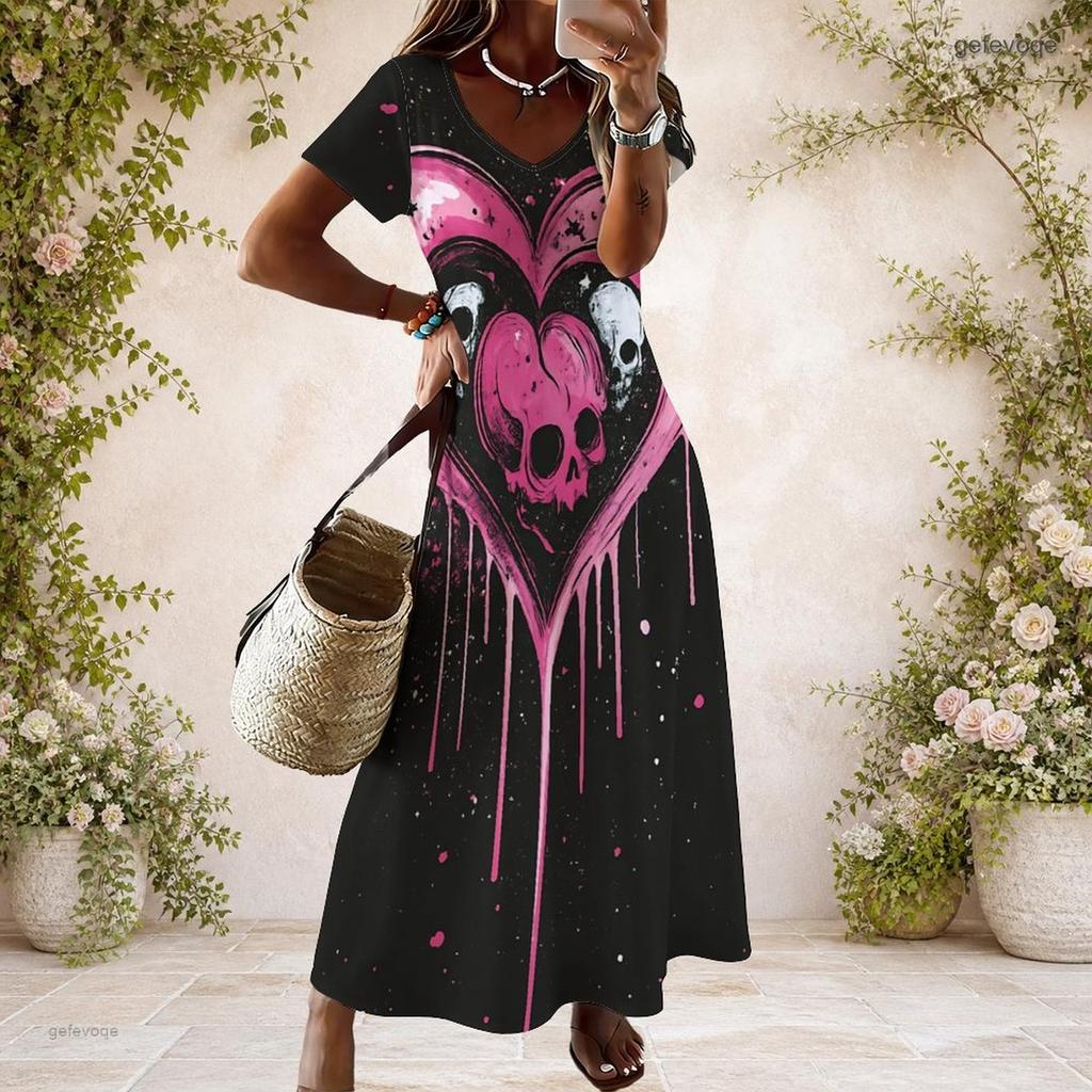 Women Plus Size Black White V Neck Short Sleeve Butterfly Printed Long Dress