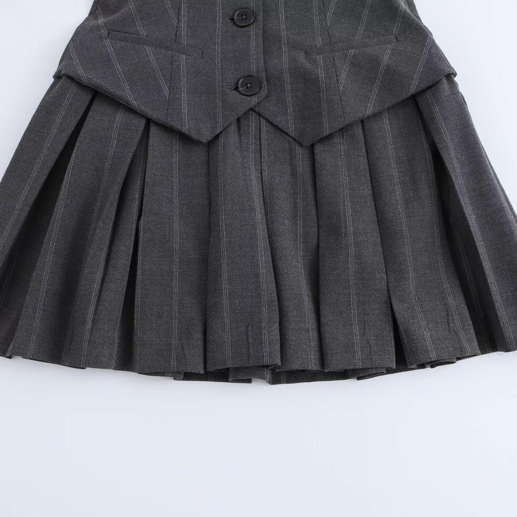 2024 Autumn Women's European & American Style Pleated Striped Vest Dress