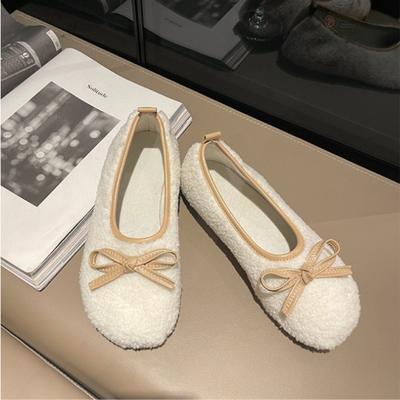 Pantofi de damă de pluș la modă, cu fundă, pantofi de bumbac, pantofi calduroși de iarnă pentru femei, balerini, pantofi de lucru pentru femei, confortabili pentru lucru, slip-on