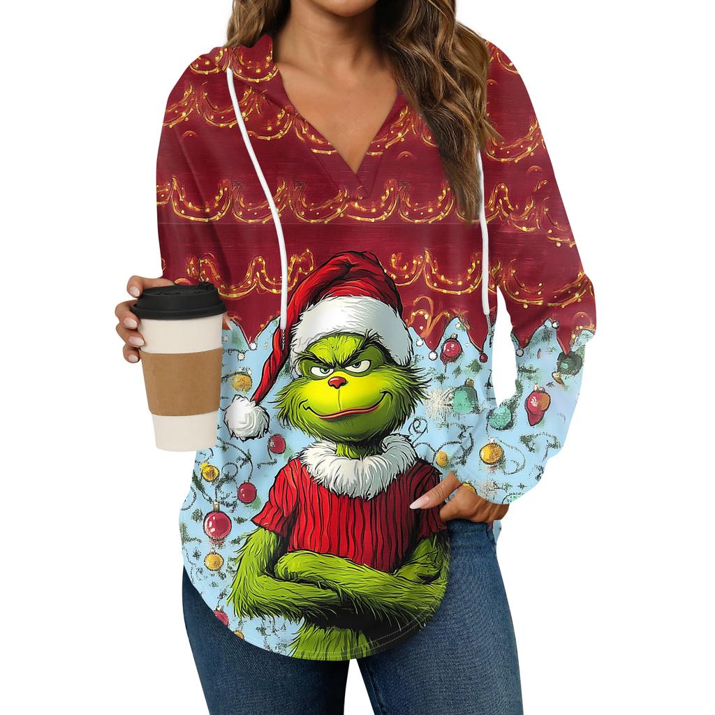 Women's Fashion Hoodies V Neck Long Sleeve Christmas Printed Drawstring Casual Loose Pullover Tops