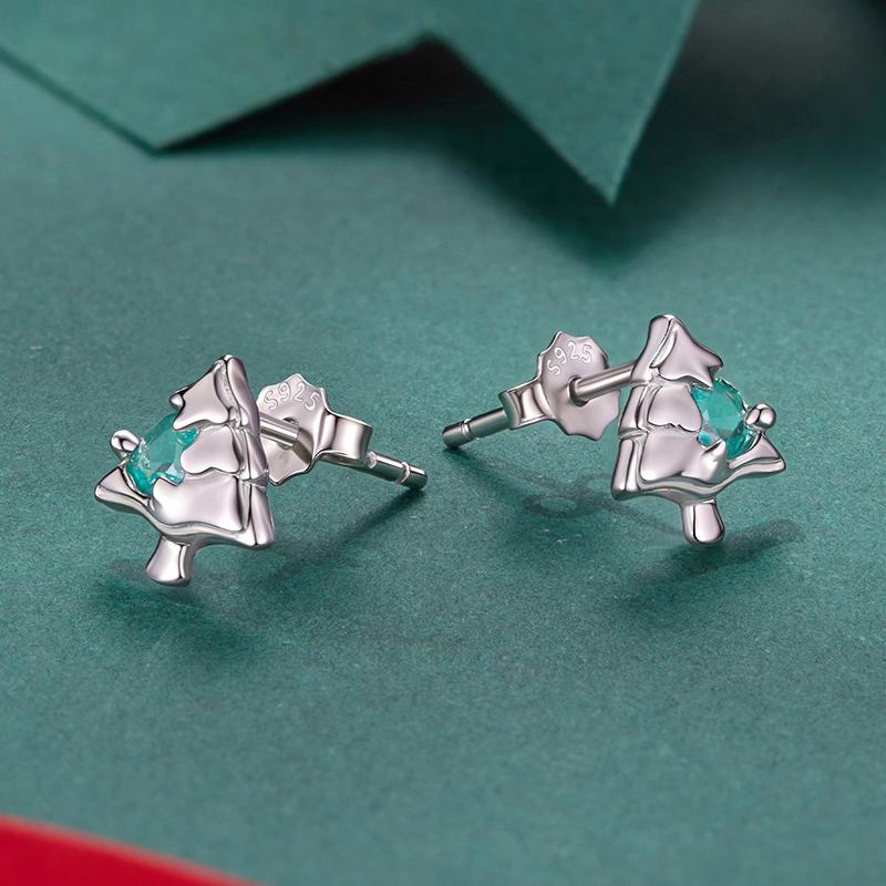 WOSTU Christmas Tree Earrings with Green Heart Zircon 925 Sterling Silver Stud Earring For Women Creative Xmas Jewelry Gift New