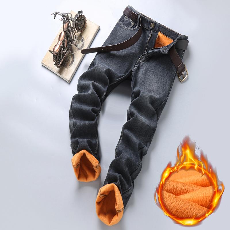 Winter Men's Warm Fleece Jeans Men Business Thicken Denim Trousers Stretch Slim Fit Pants Plus Size 28-40