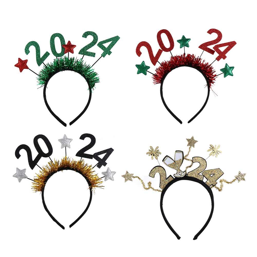 

Sequin 2024 Happy New Year Headband Letter Christmas Headpiece Exquisite Tinsel Crown Headband Men Gold-A