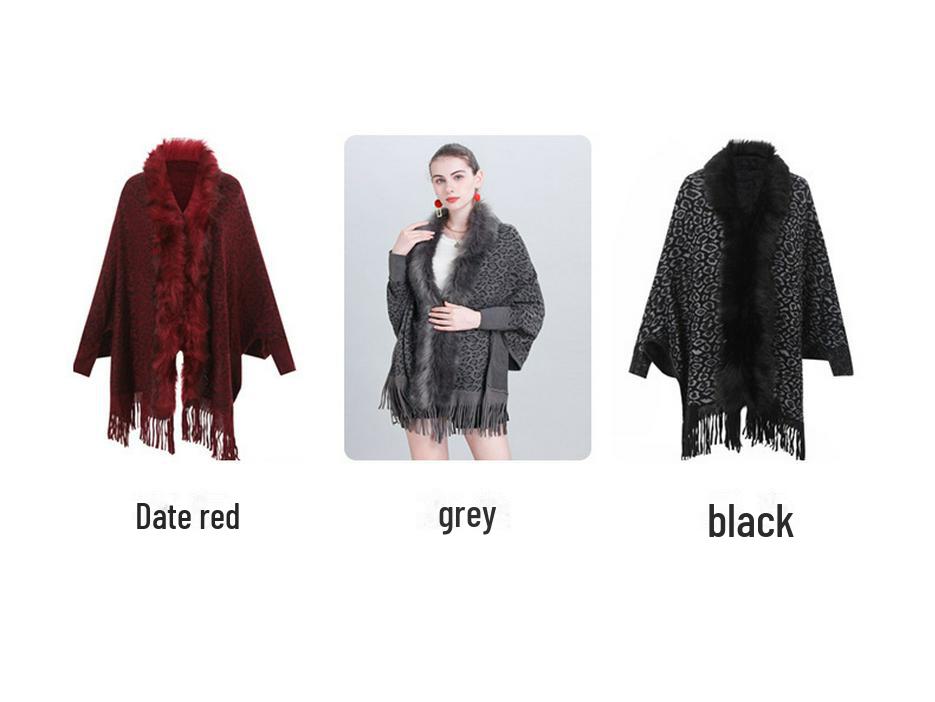 Abrigo Chal de Punto de Lana con Cuello de Piel de Leopardo para Mujer