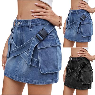 Damen Modischer Einfarbiger Workwear Jeansrock mit Tascheneinsätzen