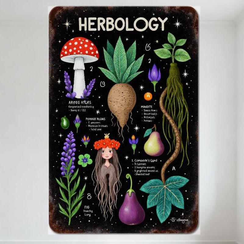 HERBOLOGY Botanical Plants Mushrooms Tin Sign Vintage Whimsical Fantasy Art Poster for Bar Pub Man Cave Home Decor