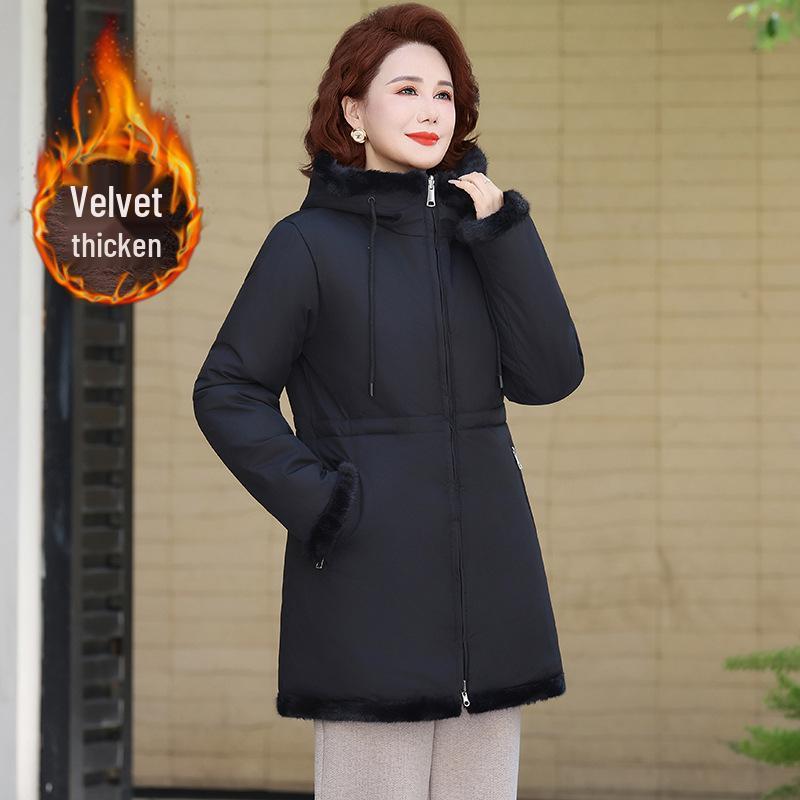 

Reversible Winter Parka for Middle-Aged & Elderly Women - Mid-Length Fleece & Thick Cotton Padding Warm Jacket XL (90-105 lbs) чорний