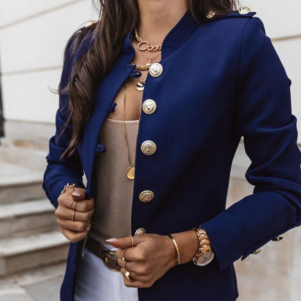 Blazer ajusté à manches longues pour femme, veste boutonnée élégante, manteau court stylé avec boutons décoratifs
