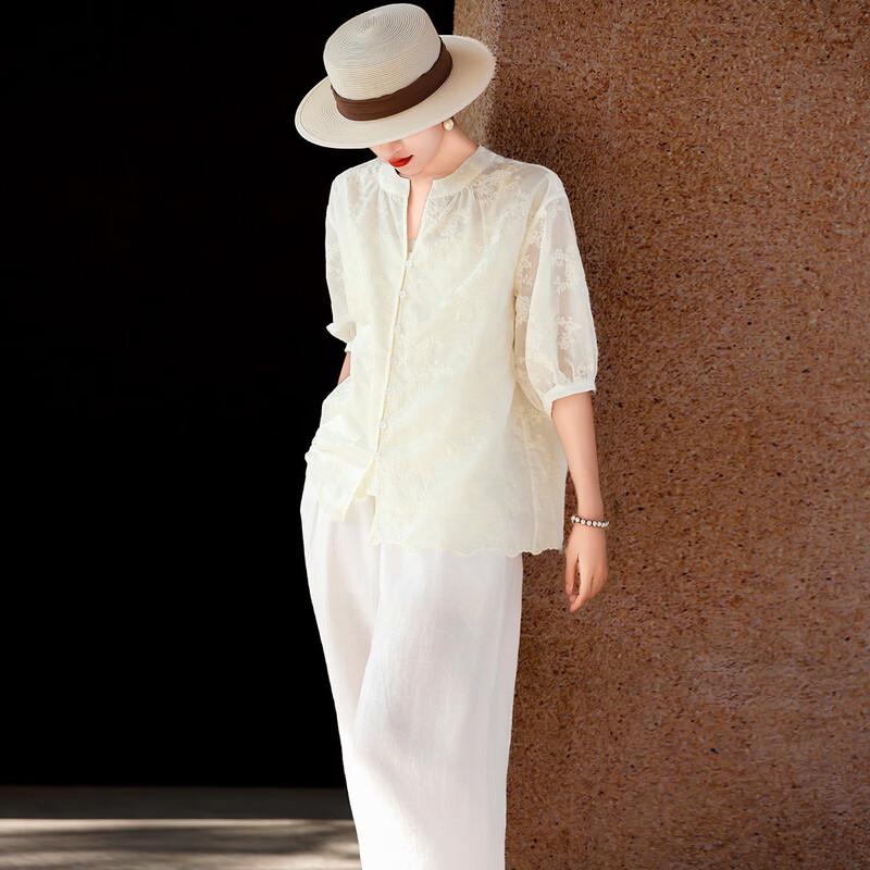 Lansere Women s Elegant Embroidered Loose Tencel Mid-Sleeve Shirt XL белый