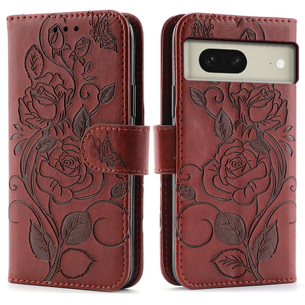 

For Google Pixel 8 Case Wallet Stand Imprinted Rose Butterfly PU Leather Phone Cover Brown