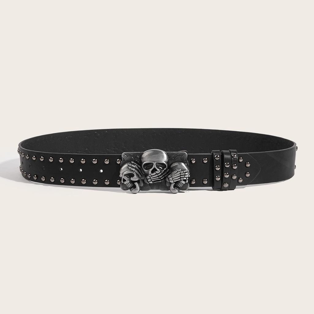 Women Punk Goth Rivet Black Jeans Unisex Men Belt Paw Skull Buckle Waistband