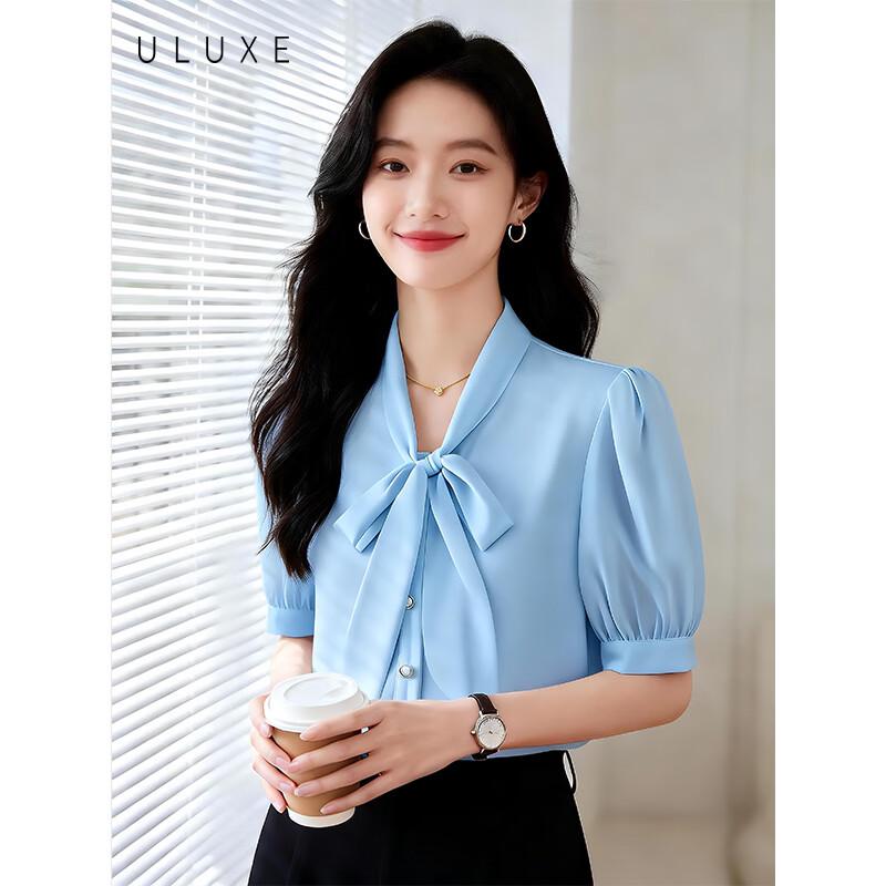 Women s Summer V-neck Bow-knot Short Sleeve Chiffon Blouse 4XL синий