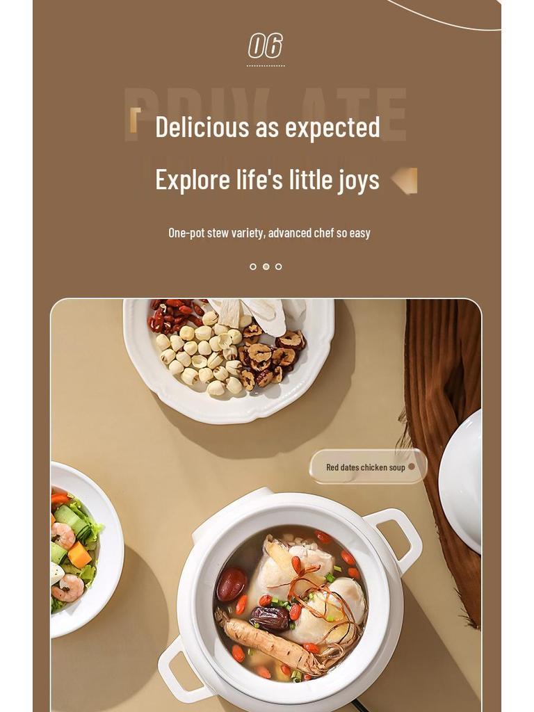 Plně automatický multifunkční elektrický pomalý hrnec s bílým keramickým a fialovým hliněným hrncem