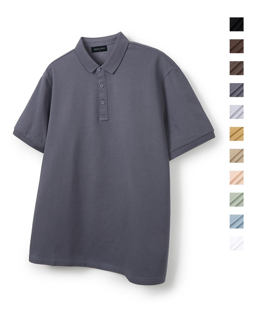 HERVINO Basic Cool Cotton Collared Short Sleeve Tee [Charcoal Blue] (Type B)