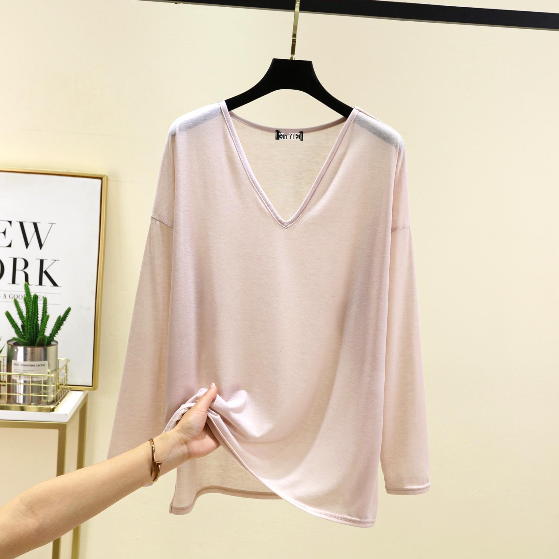 

Женская тонкая летняя рубашка с длинным рукавом и V-образным вырезом для защиты от солнца - Большой размер, однотонная, свободного кроя, универсальная верхняя одежда Plus Size светло-розовый