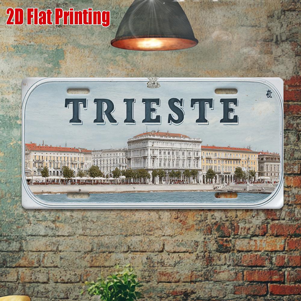 

D Flat Printing Vintage TRIESTE with Italian Seaside Piazza Illustration Aluminum Tin Painting License Plate Style Mediterra 15x30cm(5.9x7.8inch)