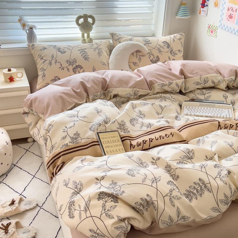 4Pcs Set Class A Maternal Infant Grade Small Fresh Grinding 4-Pcs Set Skin-Friendly Bed Sheet Washed Cotton Quilt Cover Dormitory 3-Piece Set