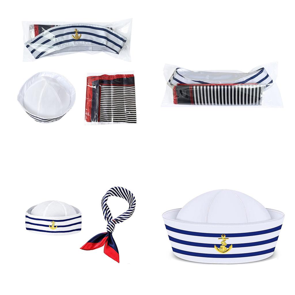 Fashion Navy Sailor Hat with Neckerchief Set Delicate Girls Woman Hat Uniform Roll Up Brim Hat Ladies for Carnivals