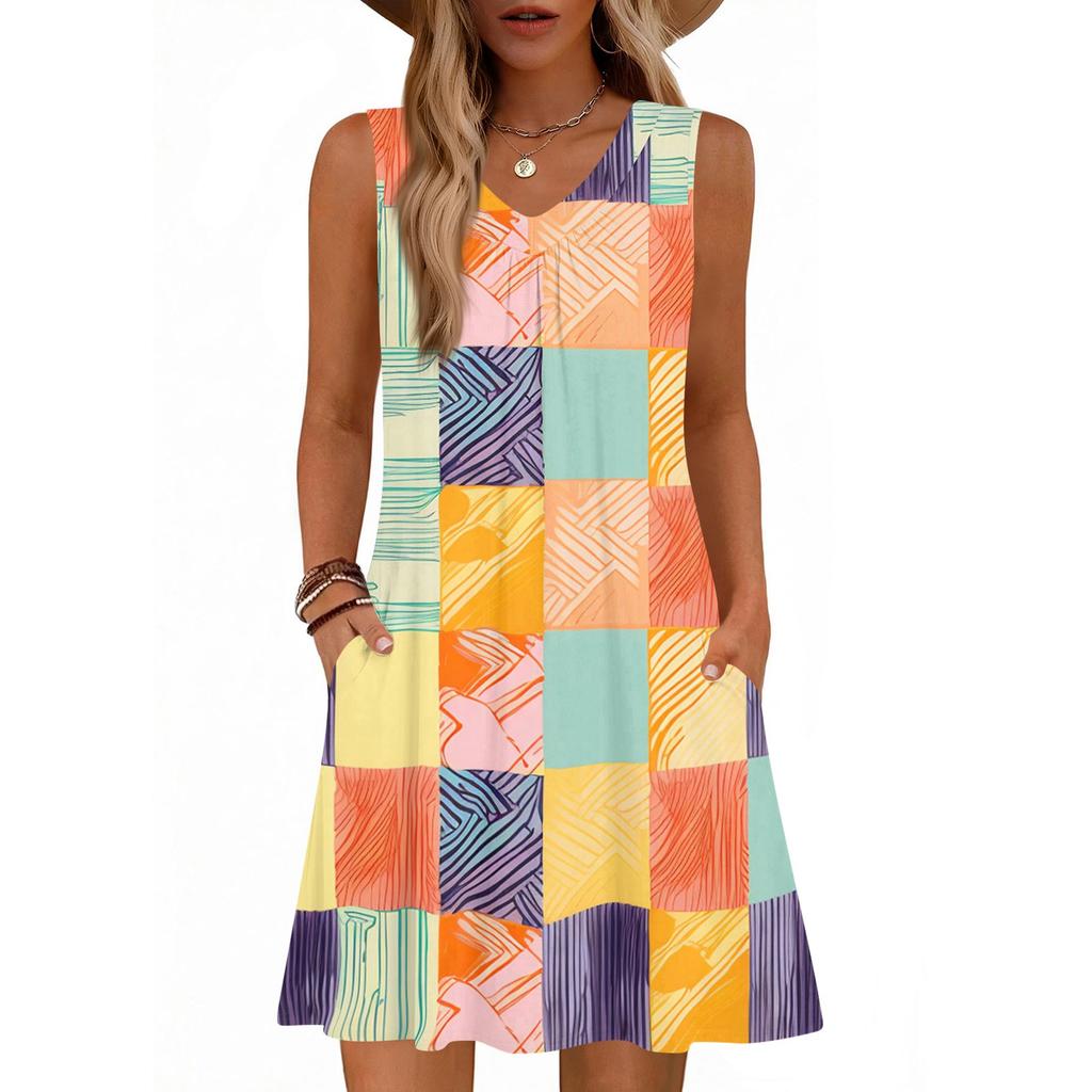 Canotta Estiva Senza Maniche Scollo a V con Tasca, Stampa Moda Donna, Abito Casual Largo