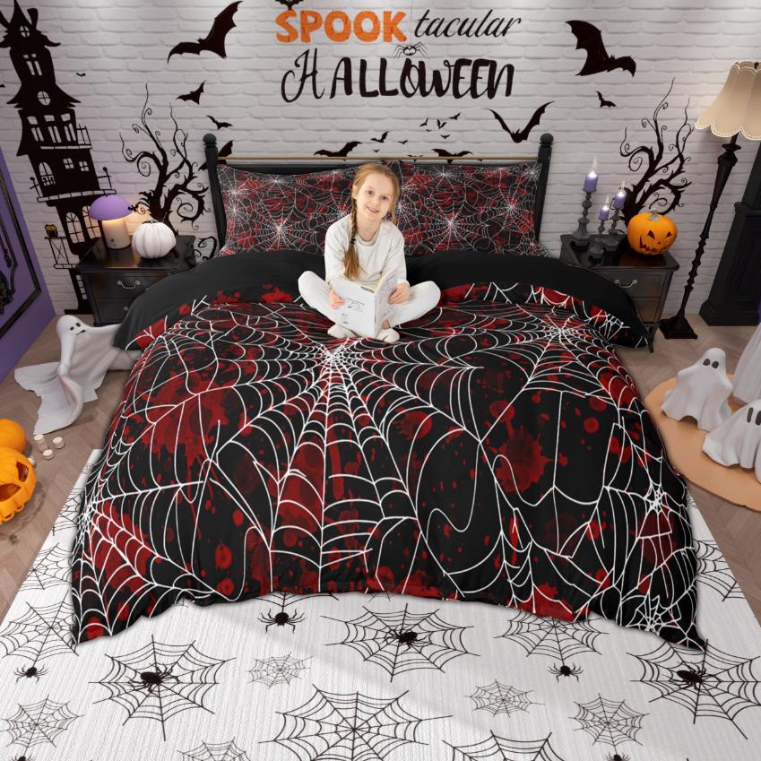 Homewish Spider Web Duvet Cover Set, Happy Halloween Theme Bedding Set, Reversible Comfoter Cover Set