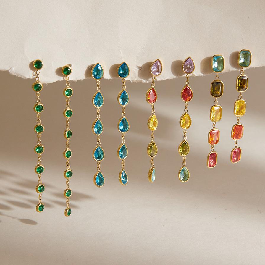 Stainless Steel Multi-Color CZ Linear Drop Earrings 18K Gold Plated Long Dangle Statement Earrings for Women Fashion Jewelry