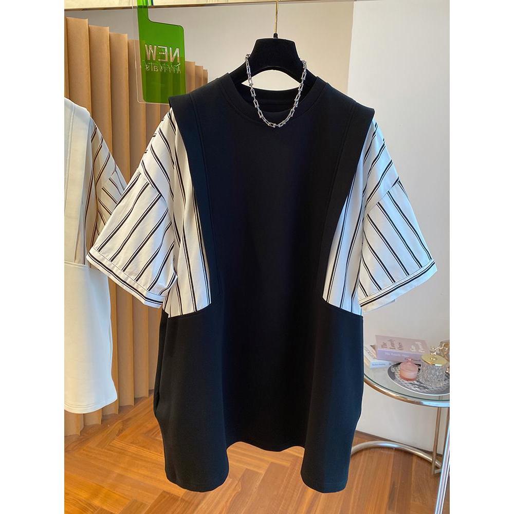 

Лоскутная полоска Контрастные цвета Летняя женская футболка Харадзюку Свободного кроя Большого размера С коротким рукавом Повседневная Удобная Длинные топы 4XL чёрный