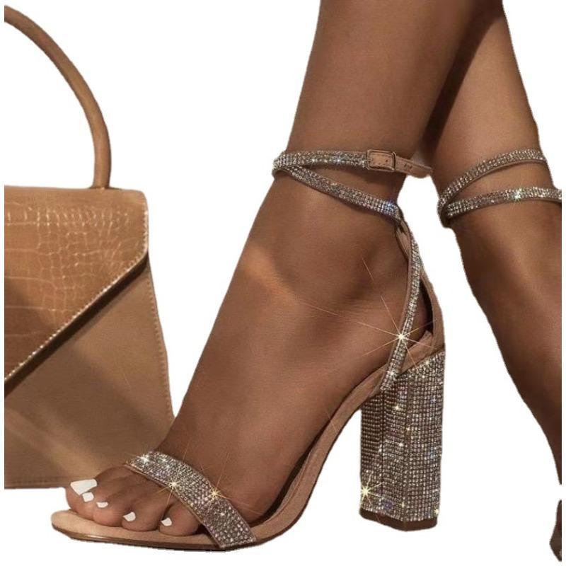 Fashion 2025 New Shiny Gold Rhinestones Chunky Heels Sandals Women Sexy Cross Ankle Strap Silver High Heels Summer Shoes Ladies Pumps